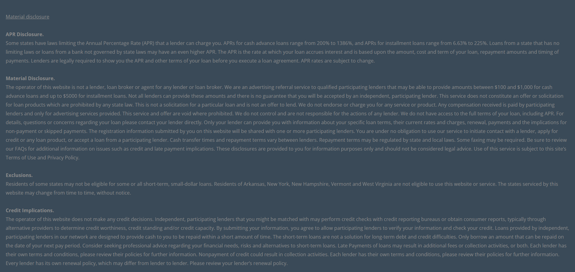 Material disclosure for payday loans in Elk Grove California